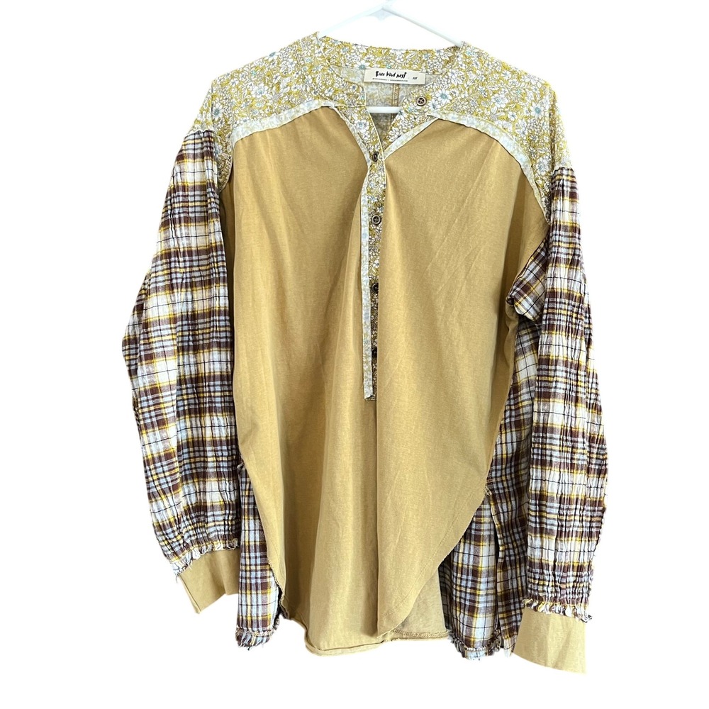 Three Bird Nest Mixed Media Plaid Floral Henley Top Mustard Yellow Size M